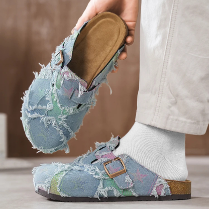 Cosmic Distressed Denim Mules
