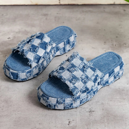 Check Denim Platform Sandal
