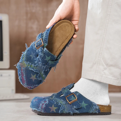 Cosmic Distressed Denim Mules