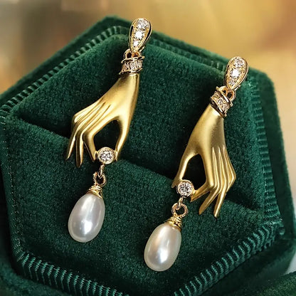 Gilded Hand & Pearl Drop Earrings