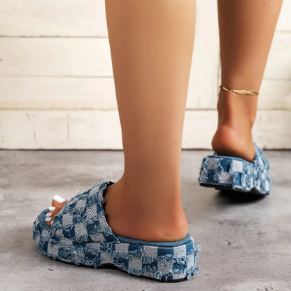 Check Denim Platform Sandal