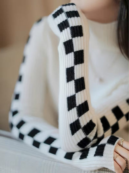 Check Sleeve High-Neck Sweater