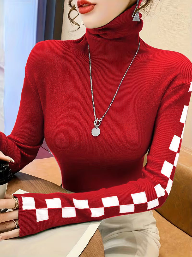 Check Sleeve High-Neck Sweater