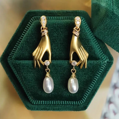 Gilded Hand & Pearl Drop Earrings
