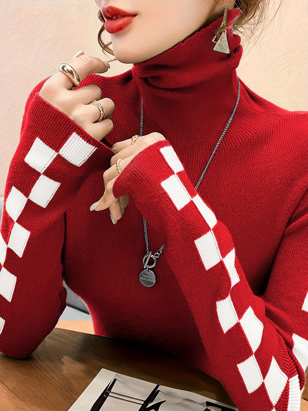 Check Sleeve High-Neck Sweater